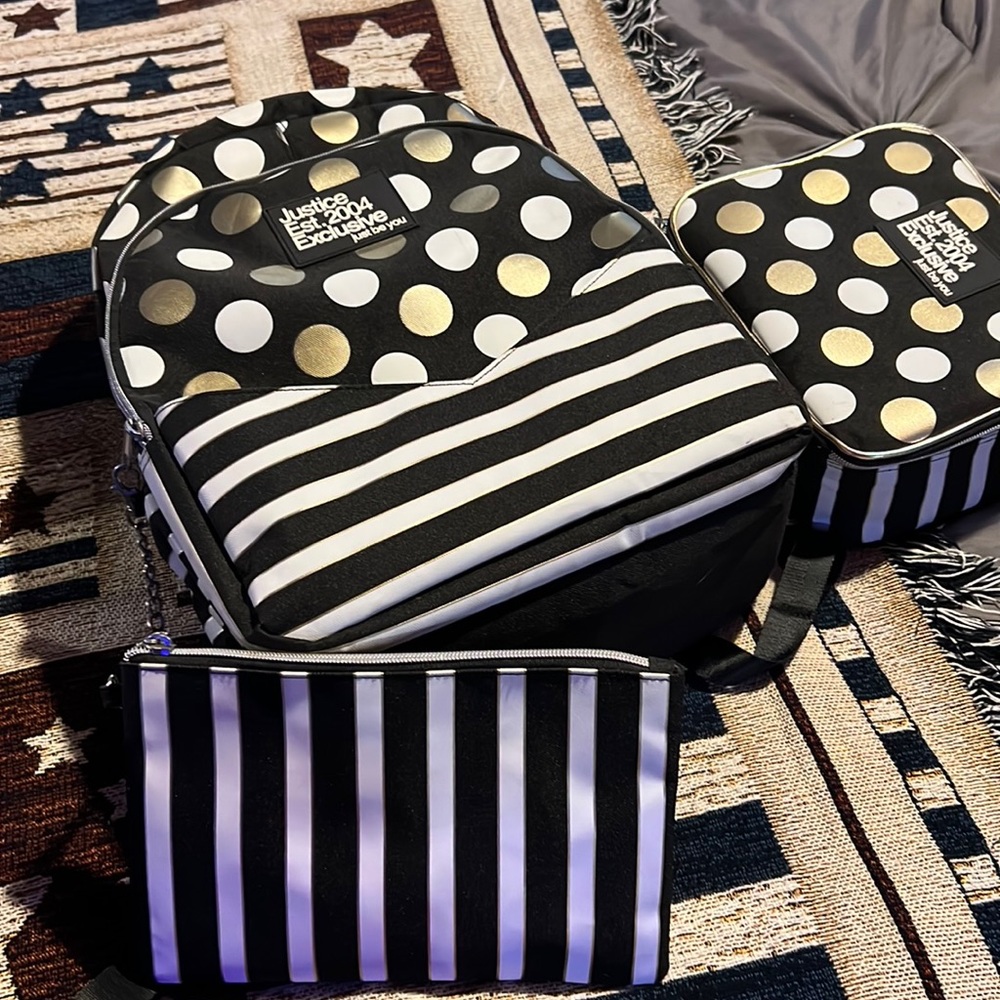 Justice backpack, lunchbox, and pencil pouch